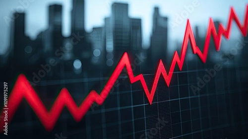 Financial graph with rising trend against city skyline background.