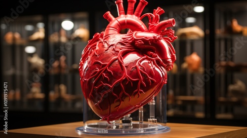 Human heart model on a stand with a focus on the chambers and valves photo