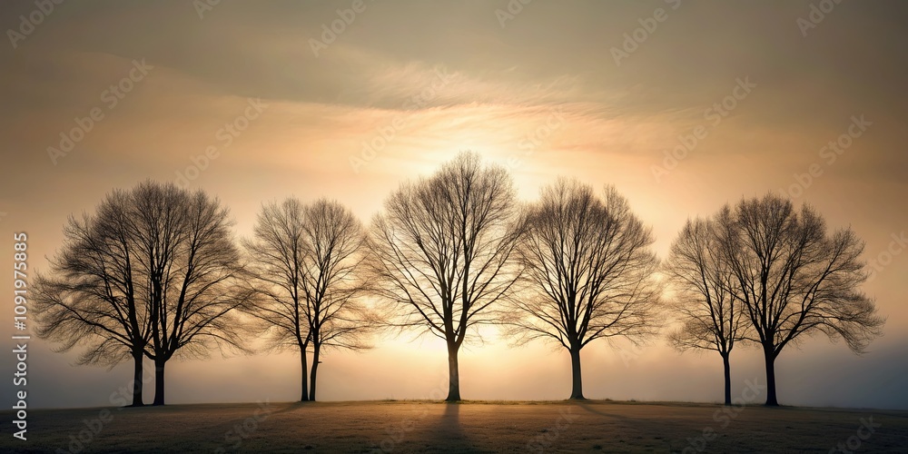 Naklejka premium Silhouettes of five leafless trees stand tall against the soft glow of a rising sun, their branches reaching towards the ethereal light in a captivating display of nature's beauty.