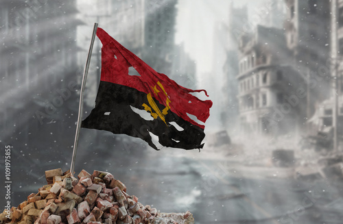 Dirty and torn Angola flag, symbol of resistance and victory. A scene of war and devastation, the ruins of a city destroyed by conflicts. 3D Rendering. photo