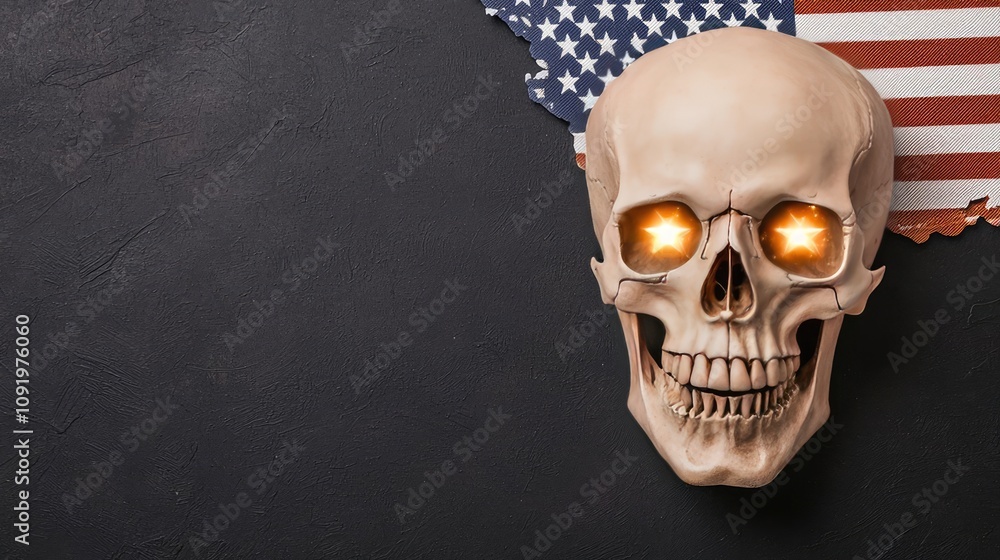 Skull with glowing eyes on black background, American flag theme. Skull with glowing eyes on black background, American flag theme.