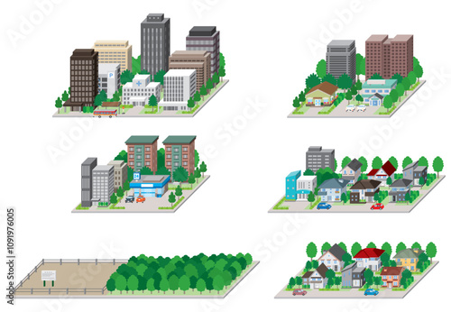 都市景観の立体イラスト.  建物のベクターイラスト.