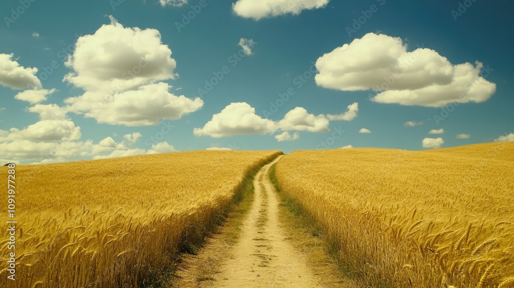 Fototapeta premium Tranquil Rural Path Through Golden Wheat Fields Under Blue Sky with Fluffy Clouds on a Sunny Day in a Picturesque Countryside Setting