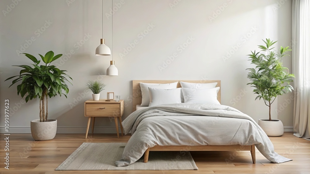 Fototapeta premium Minimalist Bedroom Interior Featuring a Wooden Bed Frame, White Bedding, and Natural Light