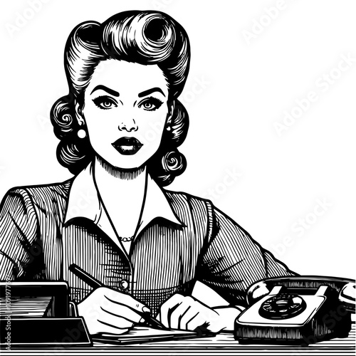 Retro illustration of four women working in an office setting. Generative ai.