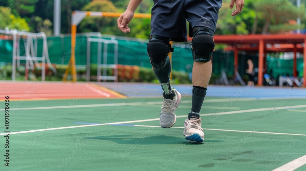 Obraz premium A Detailed Close-Up of an Artificial Limb in Action, Showcasing a Person Utilizing a Prosthesis to Move Their Body with Remarkable Agility and Dexterity.