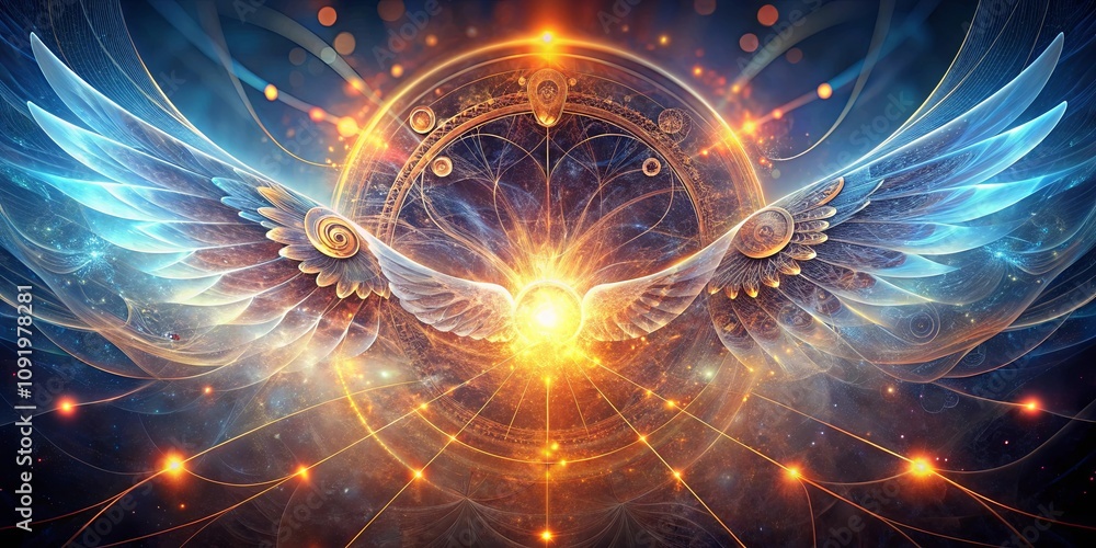 Obraz premium Celestial Wings Encircle a Glowing Ornate Wheel Amidst a Tapestry of Cosmic Threads