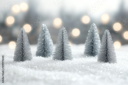 serene snowy landscape with silver christmas trees and glowing fairy lights peaceful winter scene holiday decoration photo