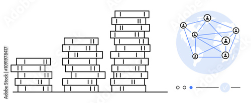 Stacks of coins increasing in height next to a globe with interconnected people icons. Ideal for finance, networking, investment, business, economic growth, teamwork, global economy. Line metaphor