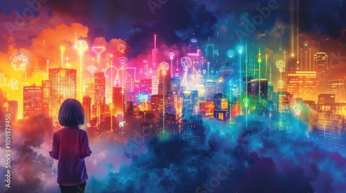 Child gazing at vibrant futuristic city.