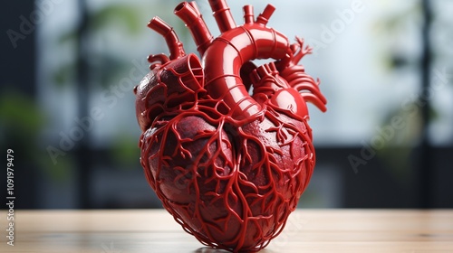 Red heart model with detailed view of the pulmonary arteries and veins