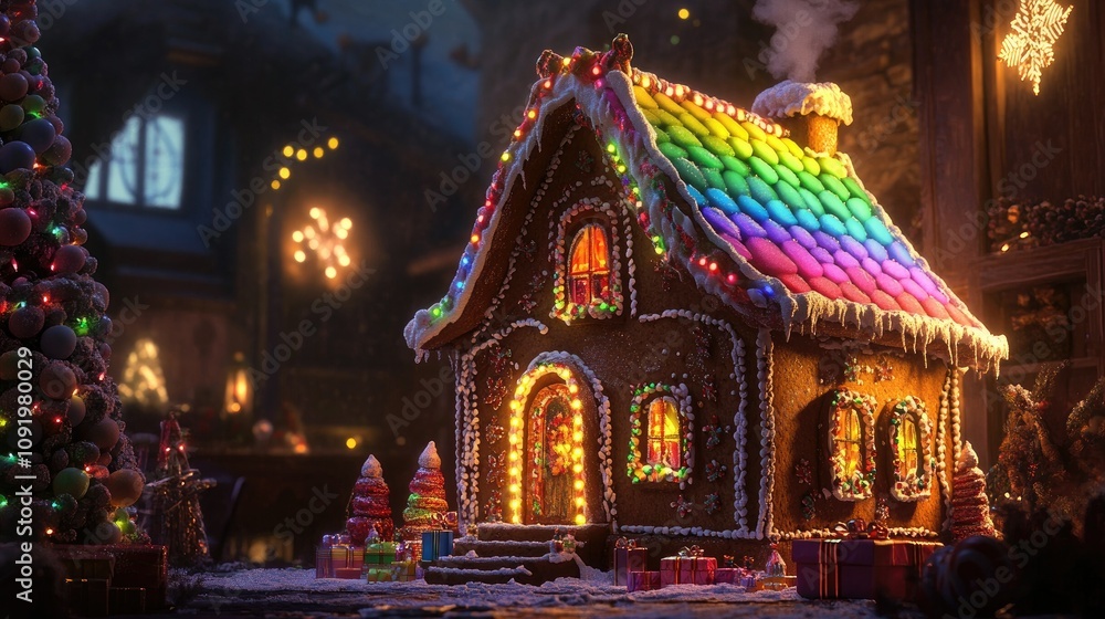 Fototapeta premium Vibrant Gingerbread House Decorated with Colorful Lights in a Festive Winter Wonderland Creating a Magical Holiday Atmosphere