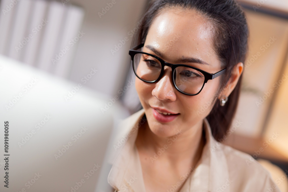 Happiness young businesswoman using desktop computer on desk in living room at home office, business woman using computer for surfing internet, entrepreneur or freelance, business and communication. Happiness young businesswoman using desktop computer on desk in living room at home office, business woman using computer for surfing internet, entrepreneur or freelance, business and communication.