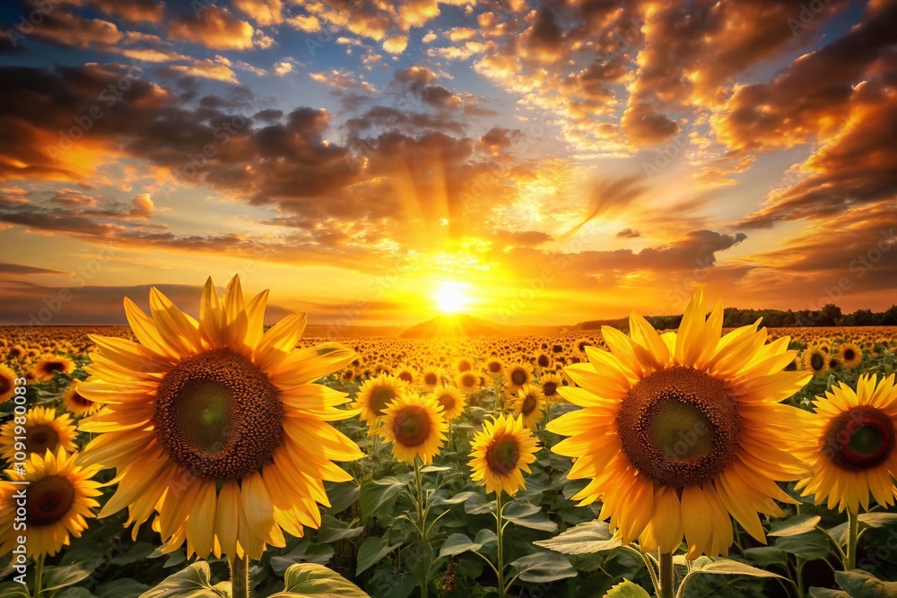 Fototapeta premium A Warmtoned Silhouette of a Golden Field Filled with Blooming Sunflowers Under a Bright Yellow Sky Capturing the Essence of a Summer Day in Nature's Splendor