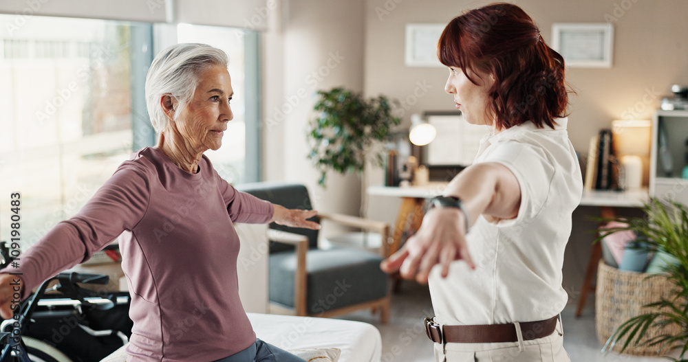 Obraz premium Physio, arm and senior woman with medical support, patient and rehabilitation in clinic with stretching. Physical therapy, helping and healing assessment of doctor with arthritis care and joint check