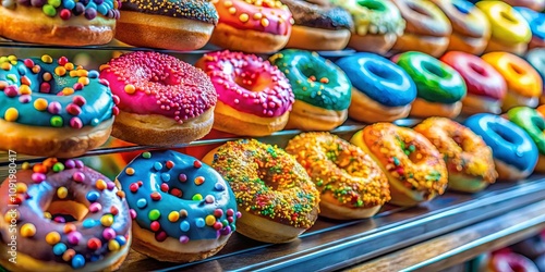 A Colorful Array of Glazed Donuts Decorated with Sprinkles, Displayed on a Metal Shelf, Beckons with Sugary Delight