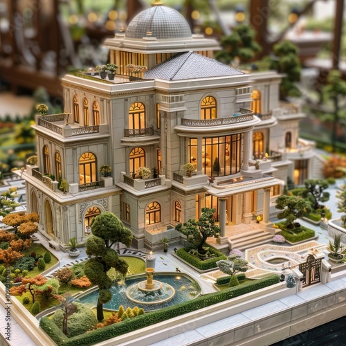 Illuminated architectural model of a grand mansion with landscaped gardens and fountain. photo