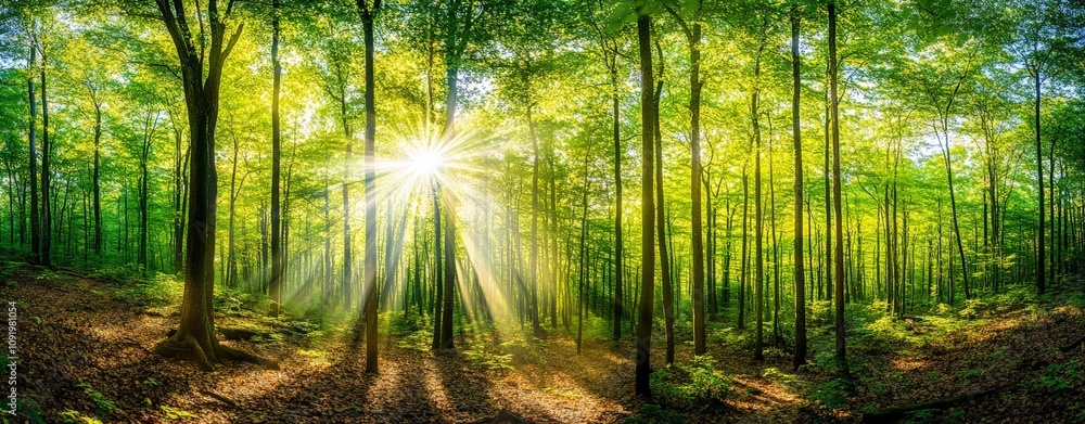 Fototapeta premium Sunlit Lush Forest Canopy in Spring and Summer