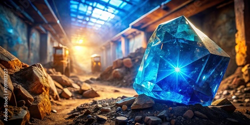 A glistening blue crystal shard rests amidst a landscape of scattered rocks and weathered structures, bathed in the golden glow of a distant sun.