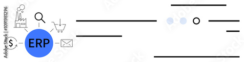 ERP system represented by circular blue button connected to icons for factory, finance, search, shopping cart, and email. Ideal for business process management, information systems, industrial