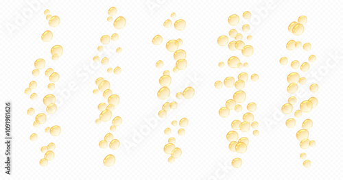 Oil bubbles, realistic liquid serum drops, orange fizzing bubbles. Vector illustration.