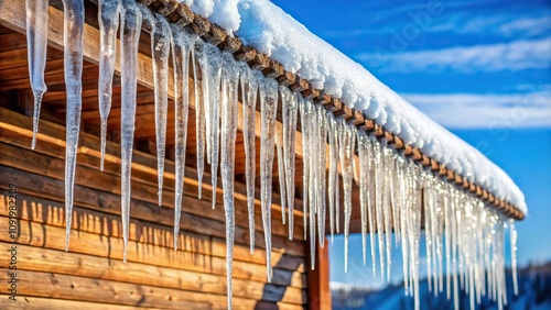 Winter icicles hanging from roof eaves reflected in water below