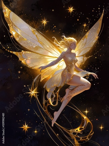 Fairylike Being in Swirling Golden Cosmos with Iridescent Wings - Oil Painting Elegance photo