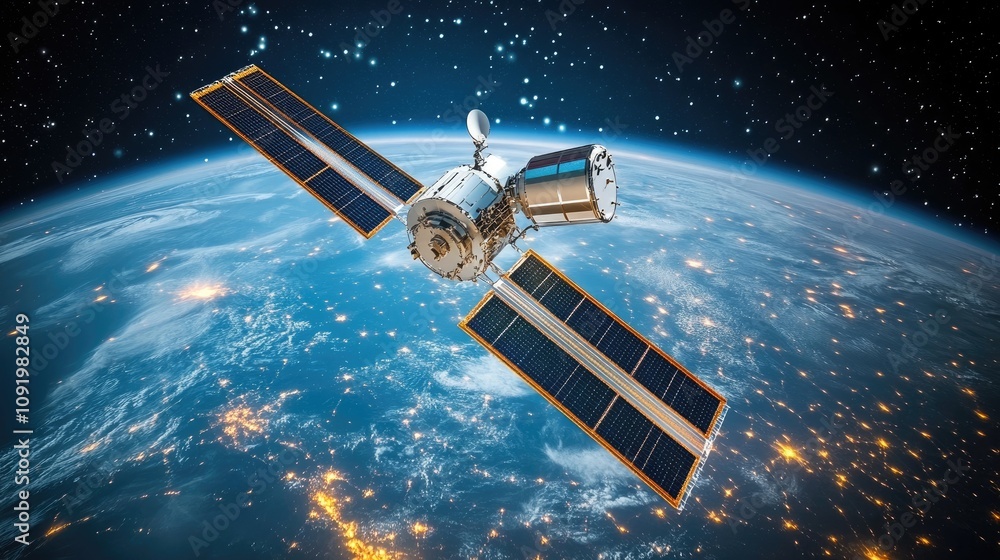 Obraz premium Satellite orbiting Earth at night, showing city lights and stars.