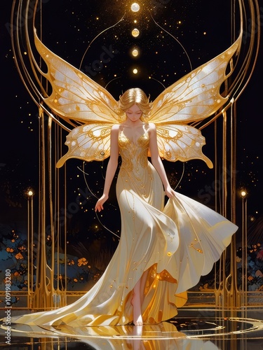 Fairylike Being in Swirling Golden Cosmos with Iridescent Wings - Oil Painting Elegance photo