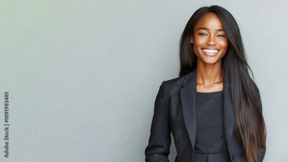 Fototapeta premium African business woman in suit blazer isolated on gray, lawyer secretary