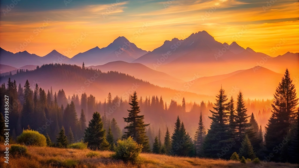 Obraz premium Golden Hour Enchantment A Misty Tapestry of Pine Trees Silhouetted Against a Majestic Mountain Range, Bathed in the Warm Glow of a Setting Sun