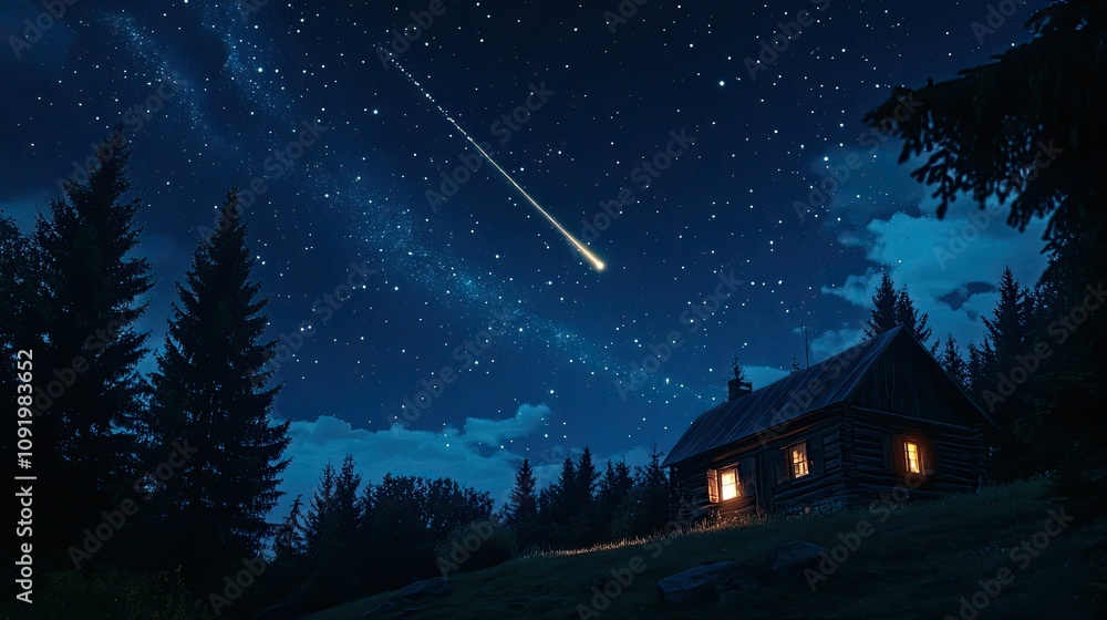Fototapeta premium Night Sky Over Log Cabin Surrounded by Pine Trees with a Bright Meteor Shower Creating a Majestic Celestial Scene in an Isolated Forest Setting