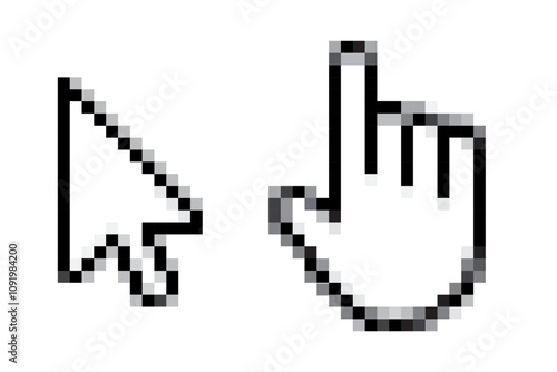 Pixel cursor or computer mouse pointer icons set. Pixel art cursor - arrow, hand click pointer, Pixelated computer mouse icons in 8 bit style Vector design 
