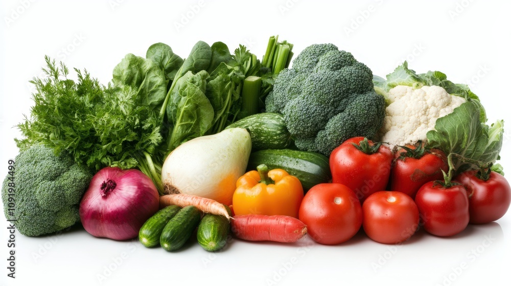 A vibrant assortment of fresh vegetables, including broccoli, tomatoes, and cucumbers, arranged on a white background, Ideal for health, cooking, or gardening themes in marketing materials, A vibrant assortment of fresh vegetables, including broccoli, tomatoes, and cucumbers, arranged on a white background, Ideal for health, cooking, or gardening themes in marketing materials,