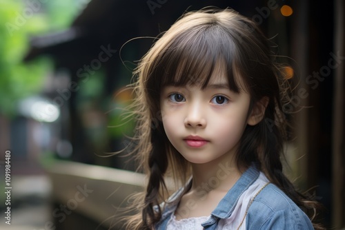 Portrait of beautiful asian little child girl in the city.