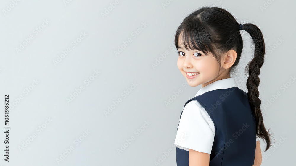 Japanese little girl student smiling wearing uniform isolated on gray background Japanese little girl student smiling wearing uniform isolated on gray background