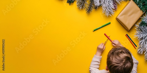 A sweet scene of a child drawing a picture for Santa with a crayon, displayed on the right side of a panoramic yellow background for a festive touch.