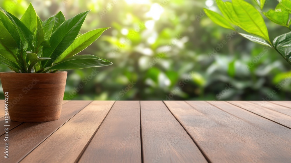Fototapeta premium A serene image featuring a potted plant on a wooden table, illuminated by soft natural light, This photo is perfect for interior design, gardening, or wellness themes