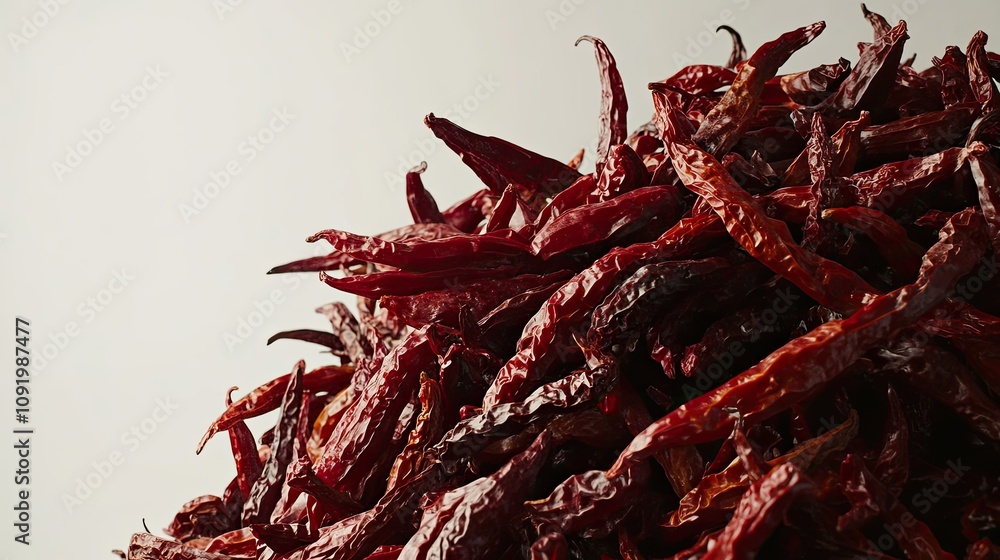 Obraz premium Vibrant Red Dried Chili Peppers Piled High Against a Soft Background, Perfect for Culinary Uses and Spicy Cooking Inspiration in Food Recipes