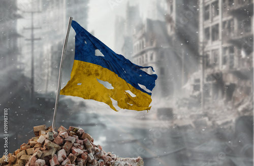 Dirty and torn Ukraine flag, symbol of resistance and victory. A scene of war and devastation, the ruins of a city destroyed by conflicts. 3D Rendering.