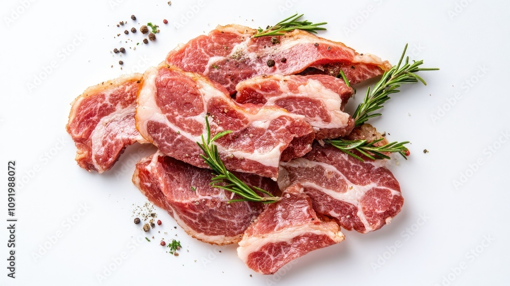 Fototapeta premium Fresh Cuts of Raw Pork Meat on White Background with Green Rosemary and Black Pepper for Culinary Use and Food Preparation Ideas