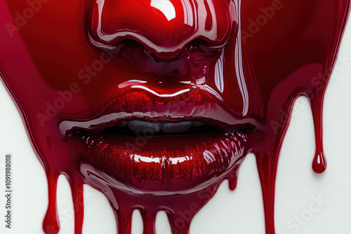 Red liquid drips down a woman's lips, creating a captivating and sensuous image.