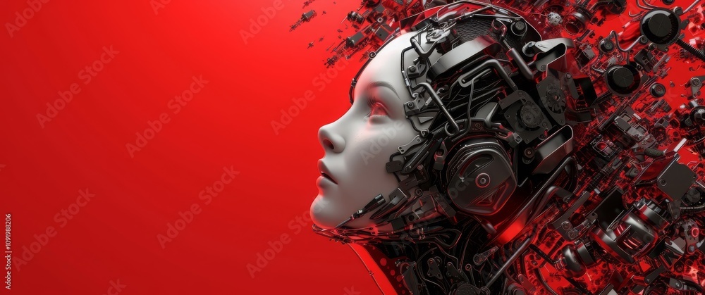 A futuristic robotic female head with exposed circuits, combining humanity and technology, glowing red background accentuating innovation and AI. A futuristic robotic female head with exposed circuits, combining humanity and technology, glowing red background accentuating innovation and AI.