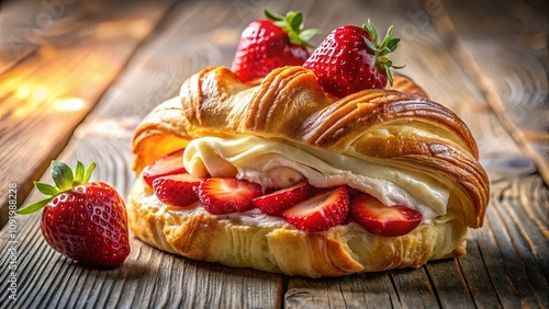 A golden croissant cradles a symphony of sweet strawberries and creamy filling, a delightful juxtaposition of textures and flavors on a rustic wooden surface. photo