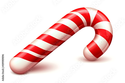 A glossy red and white striped candy cane, often associated with holiday celebrations.