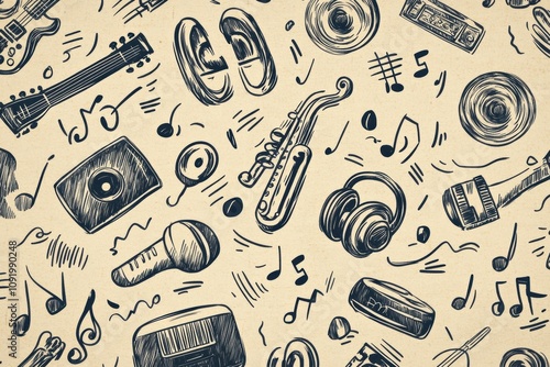 Intricate doodle pattern features various musical instruments, notes, headphones, and speakers, celebrating the vibrancy of music. Generative AI photo