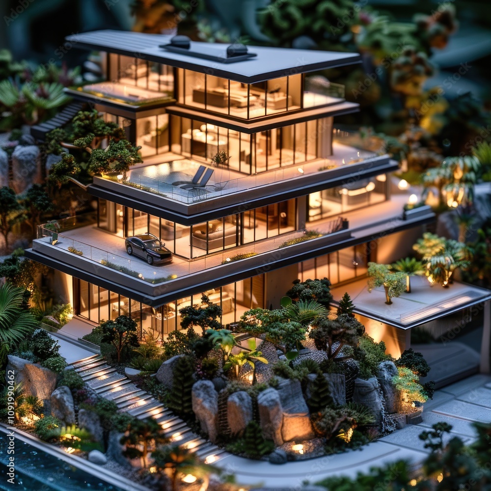 Obraz premium Luxurious modern architectural model home at night.