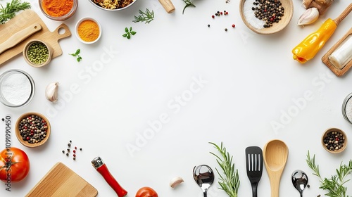 Flat lay of various cooking ingredients and utensils arranged on white background, creating a frame with copy space in the center.