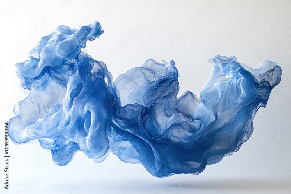 Fototapeta premium Blue smoke billowing on a white background, blending and creating intricate patterns.