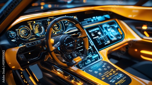  Modern car interior with digital dashboard showing speed and fuel consumption. photo